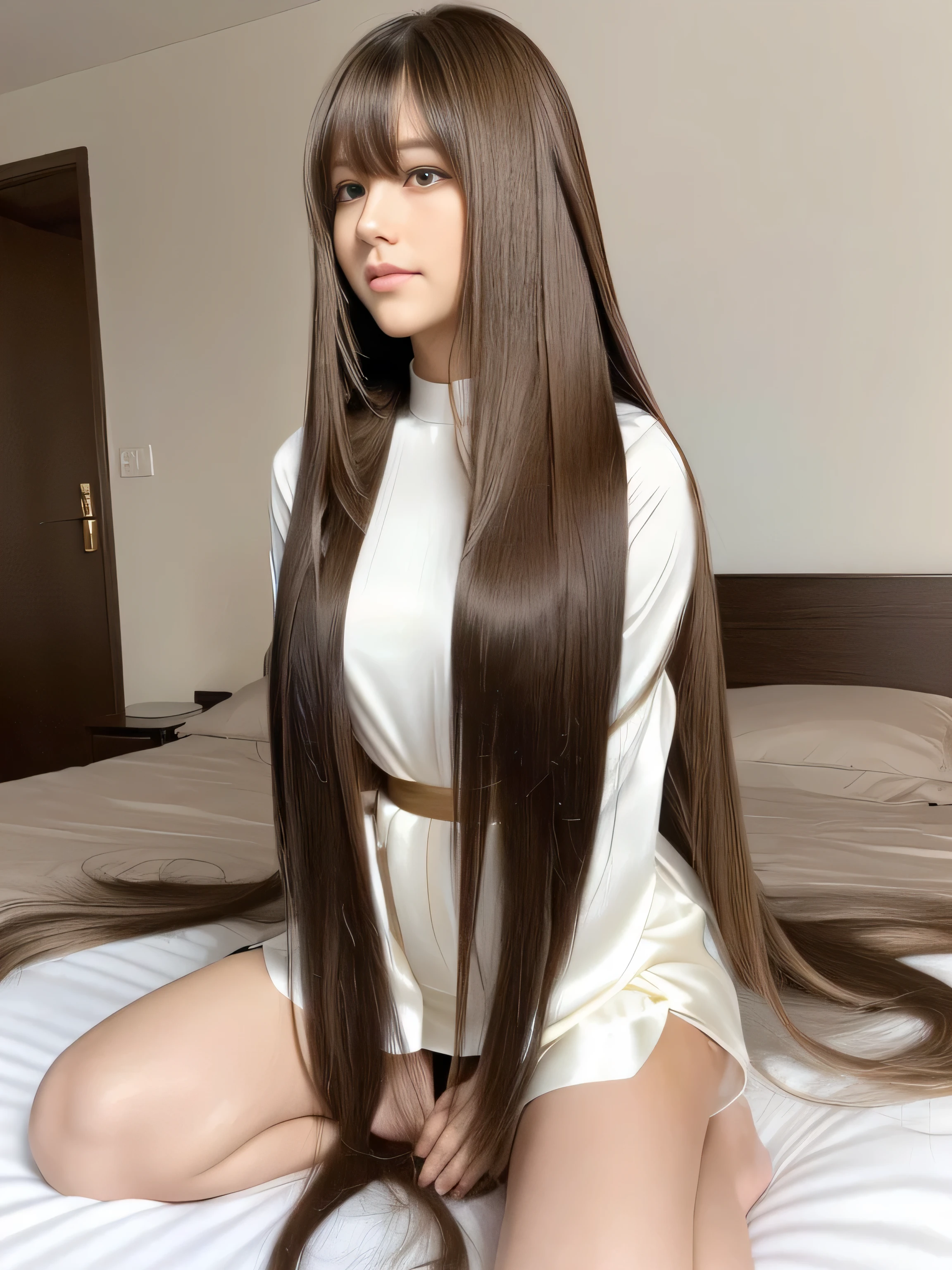 (Upper body shot of a woman making random sexy poses on a white bed)　((Beautiful 24 year old hair model with long light brown hair　fell straight down!!!　Reaches up to the kneeVery long hair　highest quality　Highest detail　Reaches up to the knee、Very long hair that lasts forever:1.3　Flowing Hair　私ncredibly straight hair　Very shiny そして thick hair　Abnormally long hair that lasts forever　Flowing Hair on both ends　long hair up to the knees:1.2　long hair up to the knees:1.2　Thick and shiny hair　Very free hair　Abnormally long hair!!!!!　Beautiful silky hair　　Beautiful and shiny hair　Beautiful and shiny hair　Beautiful silky hair　Hair that grows to the knees　Very very, Very long hair!!!!!　Very very, Very long hair!!!!!))　(highest quality　The best ultra-fine　Reaches up to the knee、Very long hair that lasts forever　Flowing Hair　Her hair is very straight!!!　Very shiny そして thick hair　Abnormally long hair that lasts forever　Flowing Hair on both ends　long hair up to the knees:1.2　long hair up to the knees:1.2　Thick and shiny hair　Very free hair　Abnormally long hair!!!!!　Beautiful silky hair　Super long hair down to the knees　Beautiful and shiny hair　Beautiful and shiny hair　Beautiful silky hair　Hair that grows to the knees　Very very, Very long hair!!!!!　Very very, Very long hair!!!!!))　(Her bangs are perfectly styled、Straight down.:1.3)　((Her hair color is light brown:1.5))　(Pure white wall background Pure white bed)　(Japan&#39;The sexiest and most beautiful 24 year old hair model)　(She looks at the viewer with a very seductive expression.......)　((highest quality)), ((masterpiece)), (Familiar)　(Get used to it)　Perfect Face　(Her skin is a typical Japanese skin color..　And very detailed)　　(Big Breasts:1.3)　(She is wearing a shiny white camisole.)　(She has a beautiful face and a typical Japanese figure...., Narrow eyes)　(She has perfect 美しい and sexy makeup and face　Lipstick is light red　A solid eyeliner)　((Rich 1.4))　(Extremely detailed 8K)　(Ultra-fine skin texture 1.4)　(Actual, Vibrant:1.4), double eyelid　Sharp focus:1.2、Beautiful woman:1.4　Dynamic Lighting　(Genuine RAW photos taken by professional photographers)　　Professional Hair Shine.　(She has a bright and cheerful face)　(Her face is slim and dignified.., length, Narrow eyes..々Nice face)　