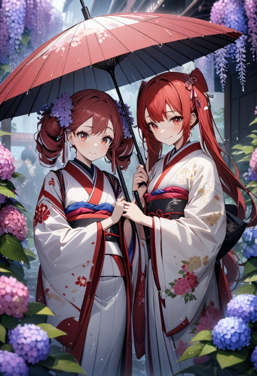 High quality, high definition, hig
h precision images,8k two girls、red hair,Twin tails,Red eyes.(robot style red and white barrette)、cyborg style gorgeous red and white Japanese kimono,Many hydrangeas in the background, Holding a  Japanese umbrella 、wisteria flower decoration in hair,it's raining,smile、perfect Japanese umbrella,perfectly holding an umbrella,one girl holds an umbrella