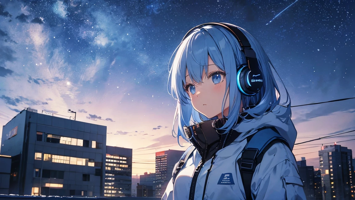 Building roof　Blue Hair、、The starry sky fills the screen.、girl。Woman wearing headphones 4k, sad,、Bowwater&#39;Art Style、Beautiful digital illustrations、Beautiful character drawings、Stunning Anime Face Portrait Mikudayo, Official artwork, LOFI Girl, Art Styleを鑑賞,, Halfbeak, Anime atmosphere, A mix of anime style and Fujifilm, Digital anime illustration, anime wallpaper 4k　ヘッドフォンをつけた少女 Blue Hairの女性　Put on headphones;　　　High resolution　high quality　Beautiful and realistic sky　The sky is the protagonist　　The scenery is the main thing　The scenery is the main thing　Emotional　lofi old camera film　deep　3D