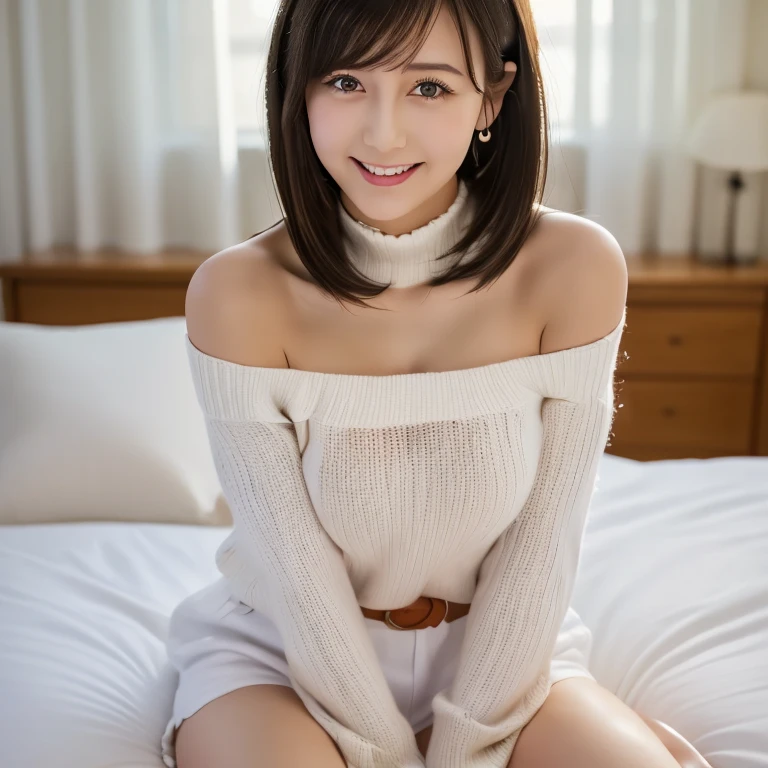 ((masterpiece, top quality)), 1 girl, (photorealistic: 1.4), solo, really snow-white background, black hair, short hair, absolute area, miniskirt, ((beauty, cute, 25 years old, bangs, little smile, white clothes, white outfit, white outfit, ears out, off-shoulder, sleeveless, eyelashes)), big breasts,(show cameltoe,cowgirl position, open legs, on bed:1.4)