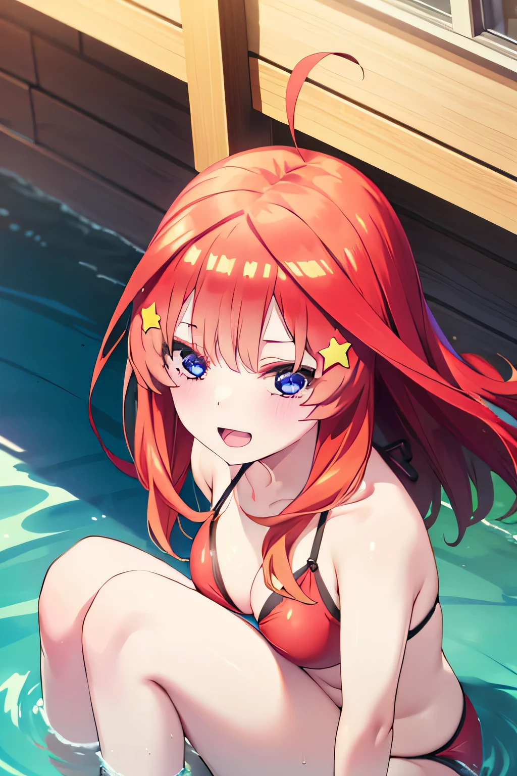((1girl)),itsukinakano, Itsuki Nakano, bangs, blue eyes, Hair between the eyes, Ahoge, Redhead, star \(symbol\), hair ornaments, star hair ornaments,happy smile, smile, Open your mouth,red bikini,Real Summer,Daytime,sunny,My hair is blowing in the wind,(((whole bodyがイラストに入るように,whole body,Illustration from head to knees)))
break outdoors, city,Coastal street break looking at viewer, whole body,
break (masterpiece:1.2), highest quality, High resolution, unity 8k wallpaper, (shape:0.8), (Beautiful details:1.6), Highly detailed face, Perfect lighting, Extremely detailed CG, (Perfect hands, Perfect Anatomy),