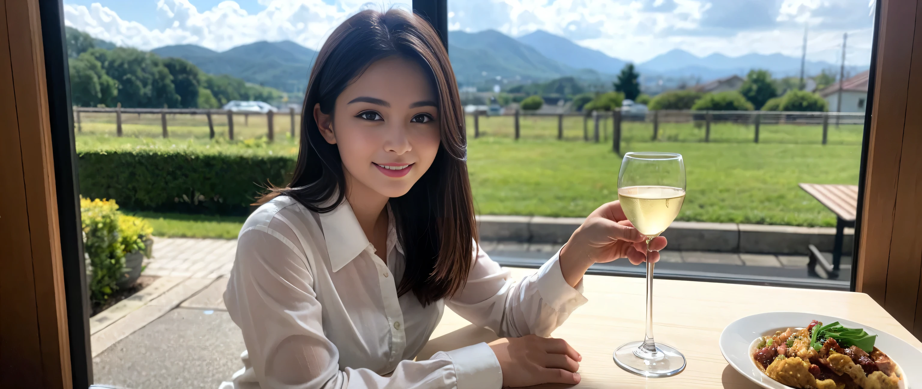 ((highest quality、8k、masterpiece:1.3))、Sharp focus:1.2、Beautiful woman perfect body:1.4、Slim body、((Bob Hale、Straight hair:1.2))、(to be born, highest quality, masterpiece:1.5), (Realistic, Intricate details:1.2), Wine glass on the table、Put the light on your face、 Amazing view of the sunset sky and clouds、Amazing mountain views、A bright smile、A lovely woman with a smile、Bright image、2. The beauty of wine, Beautiful Face, blue eyes, The light shines on your face, Blushing, short hair,Bright Face、Fox face、 (43 years old), 39 years old, Lady、red wine 、Appetizers、Italian food、Wine bottle、Champagne、sparkling wine、Two beauties、Brown Hair、Shortcuts、Long sleeve shirt、dress、Pretty Woman 1, (Slim face), (The body is slim), (Brown Hair), (Shortcuts), cheeks turn a little red,Attractive beauty、, Out of the window, A beautiful and detailed night view unfolds.........., restaurant, In a prominent place (From the waist up) Nova Frog Style, actress, model, Upper Body, White wine, slim, wine glass, A wine glass placed in the middle, smile, (smile: 1.15), Beautiful fine grain, Depth f/2,saturation, High Contrast, Strong light and shadow,Moist Body:1.5、3D texture、Delicate eyes、Brown Hair、The hair is very shiny、