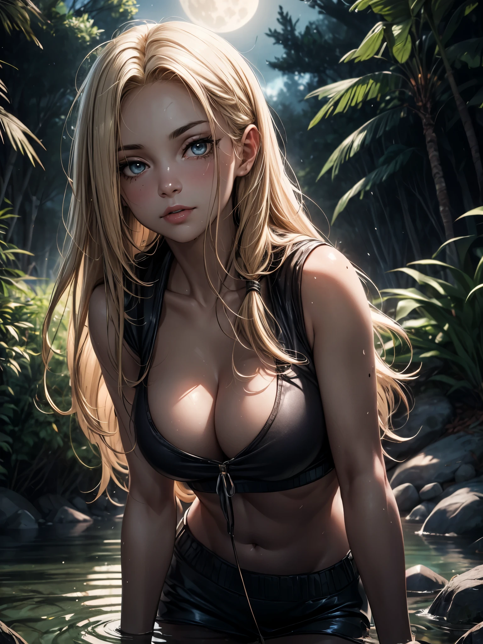 a photography of a cute woman with very long loose dirty blonde hair, natural breasts , trekking outfit, she is posing along a creek, (textured skin, skin pores:1.1), (moles:0.8), imperfect skin, goosebumps, flawless face, (night:1.1), dark theme, star, moonlit, smirk, sultry look, seductive