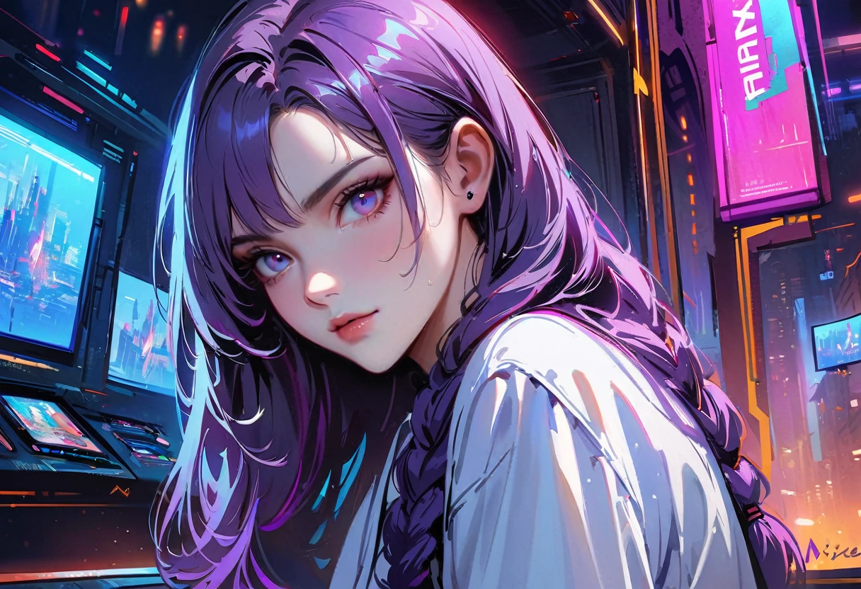 nixeu,rich detail,highly detailed,extreme detailed,UHD,nixeu(masterpiece, best quality:1.2), 1girl, solo,nixeu,hair braids,white and purple hair,looking at viewer,cyberpunk,detailed face,best quality,solo focus