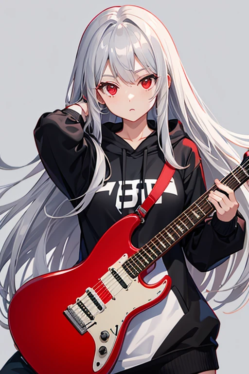 background through, long hair、straight hair、silver hair girl, red eyes、Super high quality, 8K、Upper body、Red background、Band vocals、black hoodie、Red Electric Guitar、big tits, Gray-haired girl