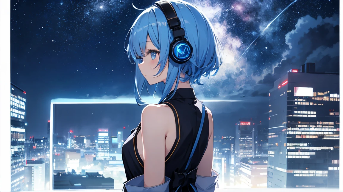 Building roof　Blue Hair、、The starry sky fills the screen.、女の子のBack view。Woman wearing headphones 4k, sad,、Bowwater&#39;Art Style、Beautiful digital illustrations、Beautiful character drawings、Stunning Anime Face Portrait Mikudayo, Official artwork, LOFI Girl, Art Styleを鑑賞,, Halfbeak, Anime atmosphere, A mix of anime style and Fujifilm, Digital anime illustration, anime wallpaper 4k　ヘッドフォンをつけた少女 Blue Hairの女性　Put on headphones;　　　High resolution　high quality　Beautiful and realistic sky　The sky is the protagonist　Back view　Back view　The scenery is the main thing　The scenery is the main thing　Emotional　lofi old camera film　deep　3D