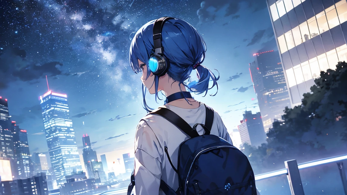 Building roof　Blue Hair、、The starry sky fills the screen.、女の子のBack view。Woman wearing headphones 4k, sad,、Bowwater&#39;Art Style、Beautiful digital illustrations、Beautiful character drawings、Stunning Anime Face Portrait Mikudayo, Official artwork, LOFI Girl, Art Styleを鑑賞,, Halfbeak, Anime atmosphere, A mix of anime style and Fujifilm, Digital anime illustration, anime wallpaper 4k　ヘッドフォンをつけた少女 Blue Hairの女性　Put on headphones;　　　High resolution　high quality　Beautiful and realistic sky　The sky is the protagonist　Back view　Back view　The scenery is the main thing　The scenery is the main thing　Emotional　lofi old camera film　deep　3D