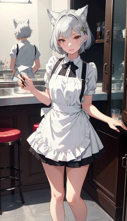 One girl、Full body illustration、Standing pose、Shorts、Esbian all over、short hair、amount、Silver Hair ,,Wolf Ears、lipstick,Glossy lips,Gentle source of light,apron、Cafe,Shyness、Awkward pose,Nice ,high resolution,Mirror ball,Professional drawing,Cleanliness,White Background、