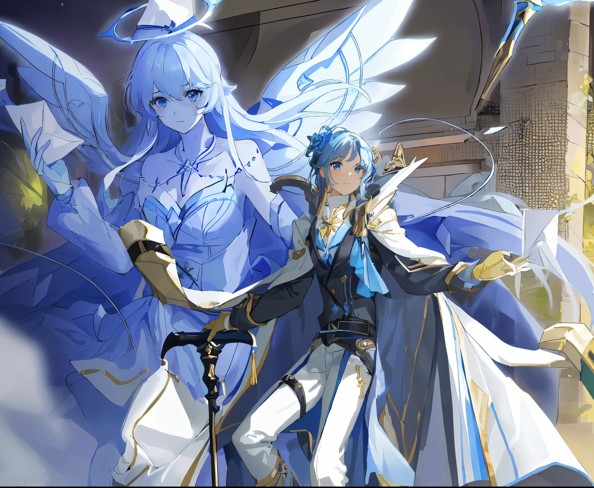 Two girls,A girl in blue and white clothes holding a cane,One is a blue soul,They hold letters in their hands,Girl in a cape,Blue hair and blue eyes