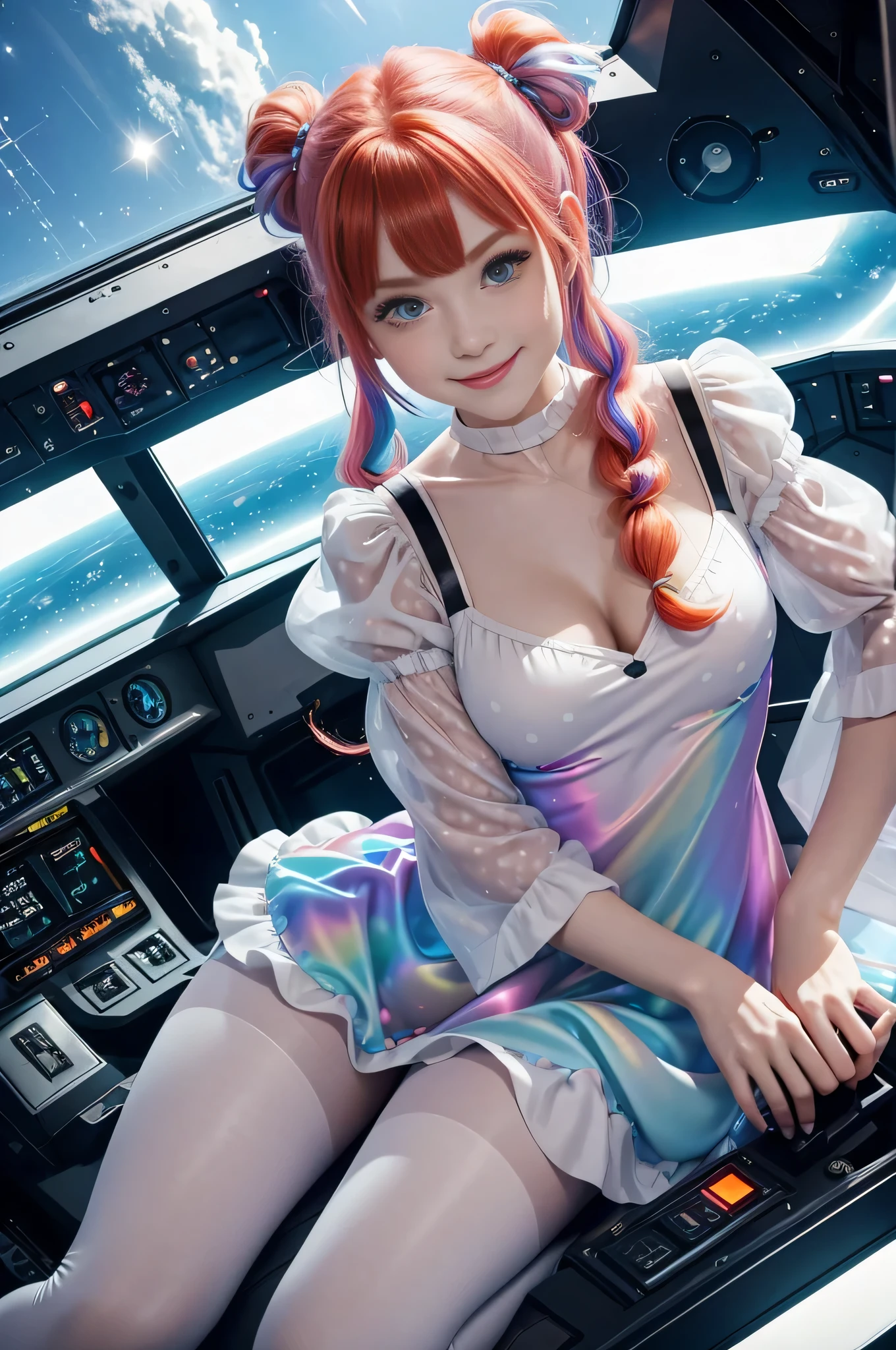 (overhead view) Cute redhead with rainbow colored hair tips, ribbons in her hair, 18-year-old woman, happy, smiling, in twin tails, perfect eyes, clear sparkling blue eyes, pale skin, silky smooth white skin, alabaster skin, flying a fancy metal luxurious space ship, futuristic cockpit, she's a pilot, outer space seen in windows, dark warm lighting, wearing a futuristic dress, low cut top, pleated (chemise) mini dress (pastel rainbow colors, and polka dots), puffy sleeves silk, wearing colorful leggings/tights.