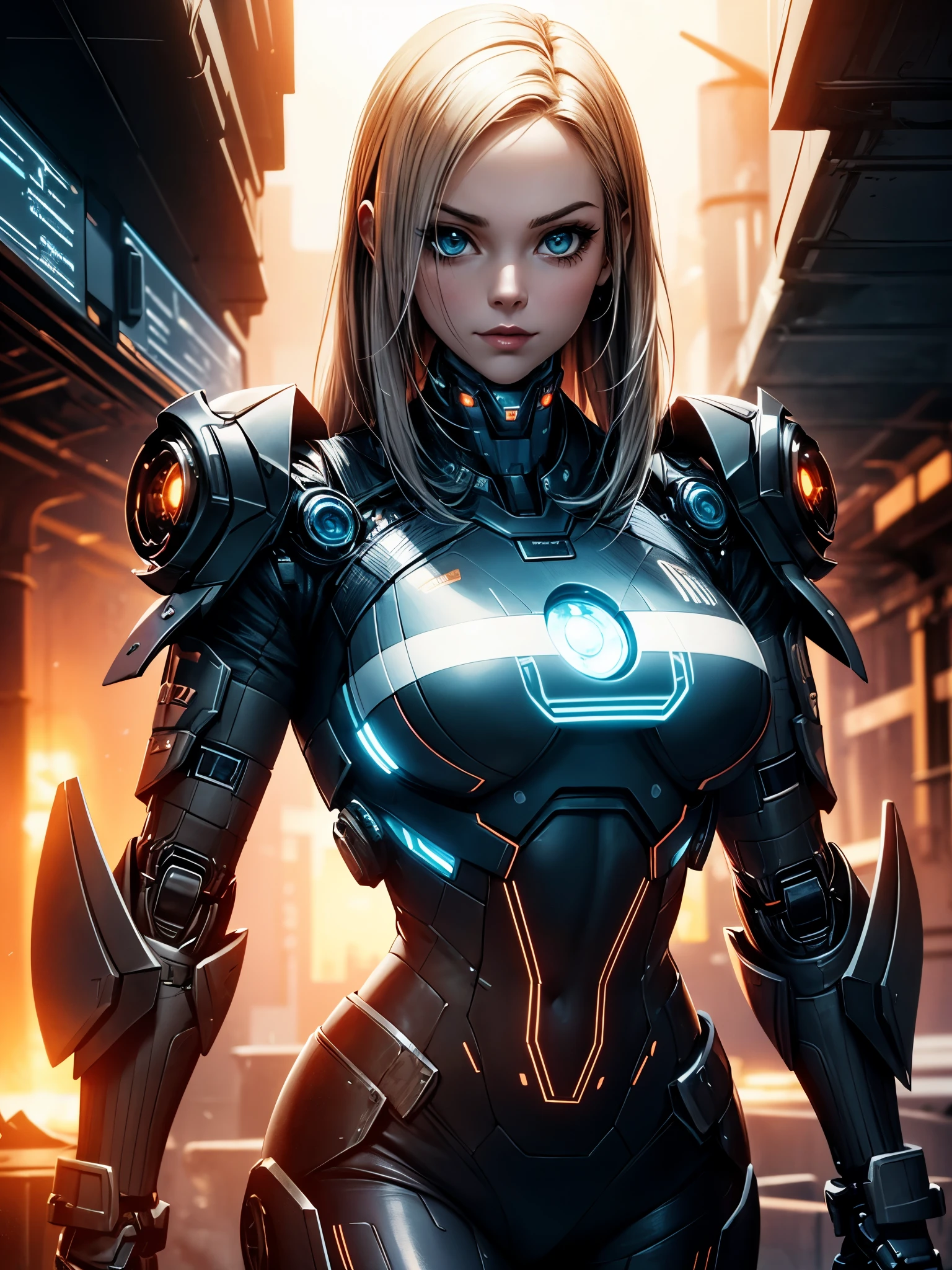 cinematic film still, cybernetic style futuristic style space fighter girl, cute, futuristic, sexy, sleek, modern, ultramodern, high tech, detailed, technological, cybernetic enhancements, robotics, artificial intelligence themes, shallow depth of field, vignette, highly detailed, high budget Hollywood movie, bokeh, cinemascope, moody, epic, gorgeous, film grain, grainy, smirk, sultry look, seductive