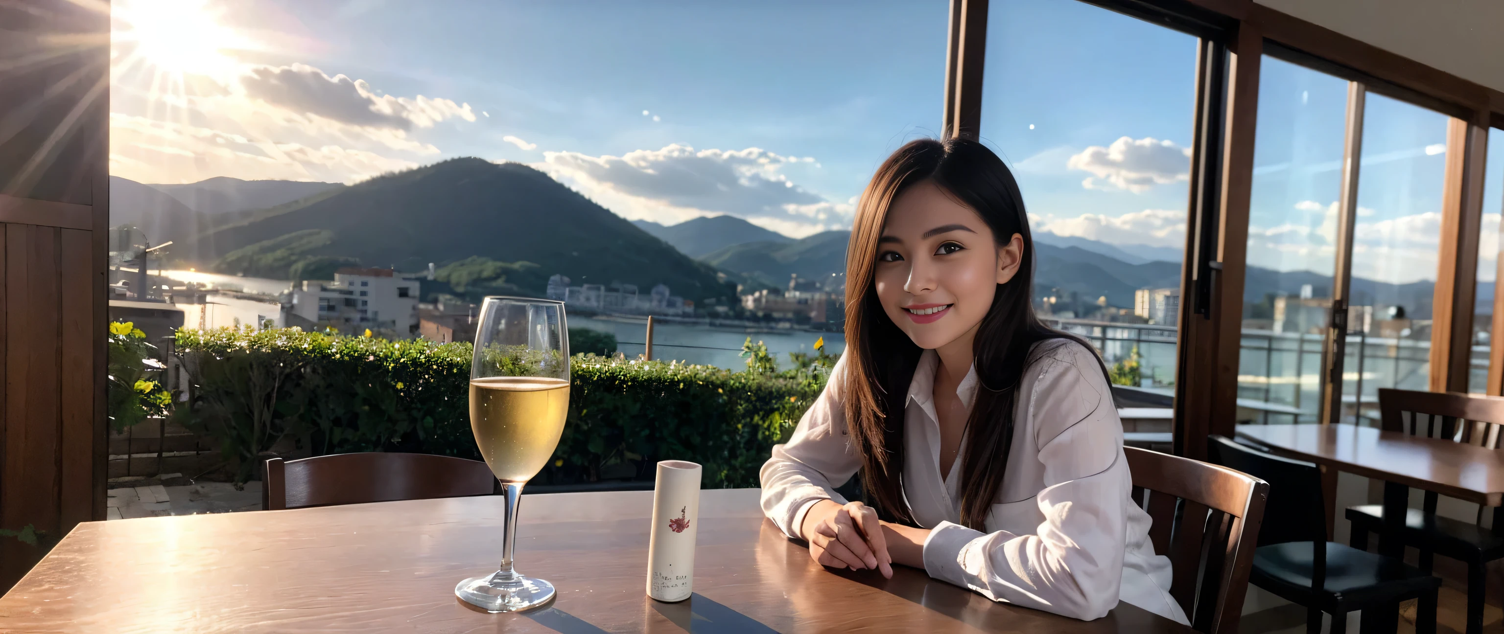 ((highest quality、8k、masterpiece:1.3))、Sharp focus:1.2、Beautiful woman perfect body:1.4、Slim body、((Bob Hale、Straight hair:1.2))、(to be born, highest quality, masterpiece:1.5), (Realistic, Intricate details:1.2), Wine glass on the table、Put the light on your face、 Amazing view of the sunset sky and clouds、Amazing mountain views、A bright smile、A lovely woman with a smile、Bright image、2. The beauty of wine, Beautiful Face, blue eyes, The light shines on your face, Blushing, short hair,Bright Face、Fox face、 (43 years old), 39 years old, Lady、red wine 、Appetizers、Italian food、Wine bottle、Champagne、sparkling wine、Two beauties、Brown Hair、Shortcuts、Long sleeve shirt、dress、Pretty Woman 1, (Slim face), (The body is slim), (Brown Hair), (Shortcuts), cheeks turn a little red,Attractive beauty、, Out of the window, A beautiful and detailed night view unfolds.........., restaurant, In a prominent place (From the waist up) Nova Frog Style, actress, model, Upper Body, White wine, slim, wine glass, A wine glass placed in the middle, smile, (smile: 1.15), Beautiful fine grain, Depth f/2,saturation, High Contrast, Strong light and shadow,Moist Body:1.5、3D texture、Delicate eyes、Brown Hair、The hair is very shiny、