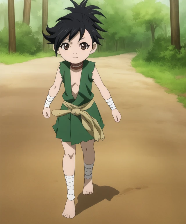 masterpiece, best quality, movie still, 1girl, solo, looking at viewer, , depth of field, anime coloring, dororo, black hair, brown eyes, ponytail, short hair, full body