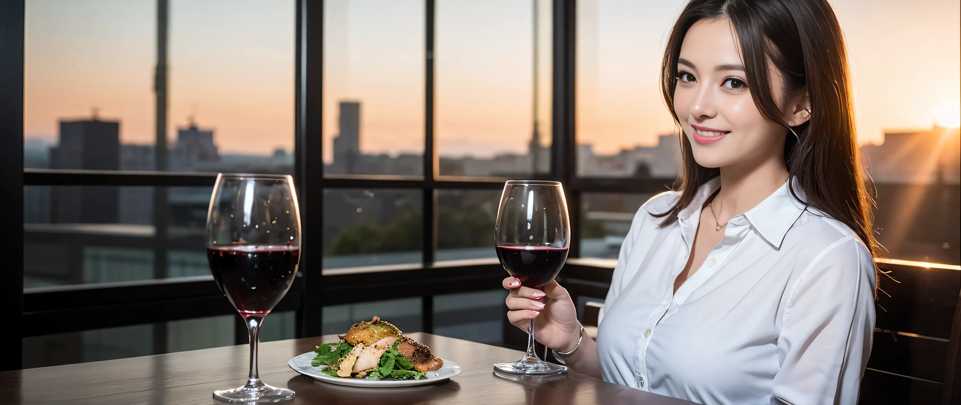 ((highest quality、8k、masterpiece:1.3))、Sharp focus:1.2、Beautiful woman perfect body:1.4、Slim body、((Bob Hale、Straight hair:1.2))、(to be born, highest quality, masterpiece:1.5), (Realistic, Intricate details:1.2), Wine glass on the table、Shine light on your face、 Amazing view of the sunset sky and clouds、Amazing mountain views、A bright smile、A lovely woman with a smile、Bright image、2. The beauty of wine, Beautiful Face, blue eyes, The light shines on your face, Blushing, short hair,Bright Face、Fox face、 (43 years old), 39 years old, Lady、red wine 、Appetizers、Italian food、Wine bottle、Champagne、sparkling wine、Two beauties、Brown Hair、Shortcuts、Long sleeve shirt、dress、Pretty Woman 1, (Slim face), (The body is slim), (Brown Hair), (Shortcuts), cheeks turn a little red,Attractive beauty、, Out of the window, A beautiful and detailed night view unfolds.........., restaurant, In a prominent place (From the waist up) Nova Frog Style, actress, model, Upper Body, White wine, slim, wine glass, A wine glass placed in the middle, smile, (smile: 1.15), Beautiful fine grain, Depth f/2,saturation, High Contrast, Strong light and shadow,Moist Body:1.5、3D texture、Delicate eyes、Brown Hair、The hair is very shiny、