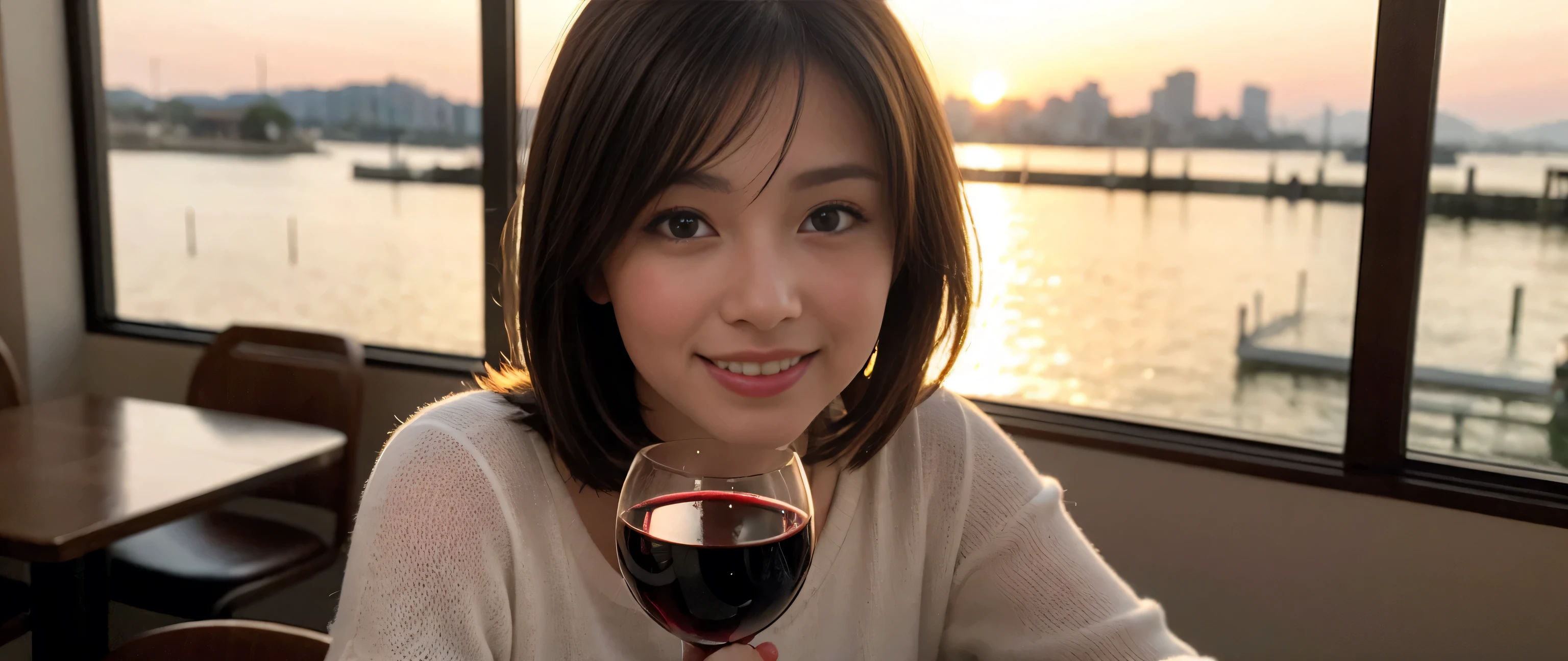 ((highest quality、8k、masterpiece:1.3))、Sharp focus:1.2、Beautiful woman perfect body:1.4、Slim body、((Bob Hale、Straight hair:1.2))、(to be born, highest quality, masterpiece:1.5), (Realistic, Intricate details:1.2), Wine glass on the table、Shine light on your face、 Amazing view of the sunset sky and clouds、Amazing mountain views、A bright smile、A lovely woman with a smile、Bright image、2. The beauty of wine, Beautiful Face, blue eyes, The light shines on your face, Blushing, short hair,Bright Face、Fox face、 (43 years old), 39 years old, Lady、red wine 、Appetizers、Italian food、Wine bottle、Champagne、sparkling wine、Two beauties、Brown Hair、Shortcuts、Long sleeve shirt、dress、Pretty Woman 1, (Slim face), (The body is slim), (Brown Hair), (Shortcuts), cheeks turn a little red,Attractive beauty、, Out of the window, A beautiful and detailed night view unfolds.........., restaurant, In a prominent place (From the waist up) Nova Frog Style, actress, model, Upper Body, White wine, slim, wine glass, A wine glass placed in the middle, smile, (smile: 1.15), Beautiful fine grain, Depth f/2,saturation, High Contrast, Strong light and shadow,Moist Body:1.5、3D texture、Delicate eyes、Brown Hair、The hair is very shiny、