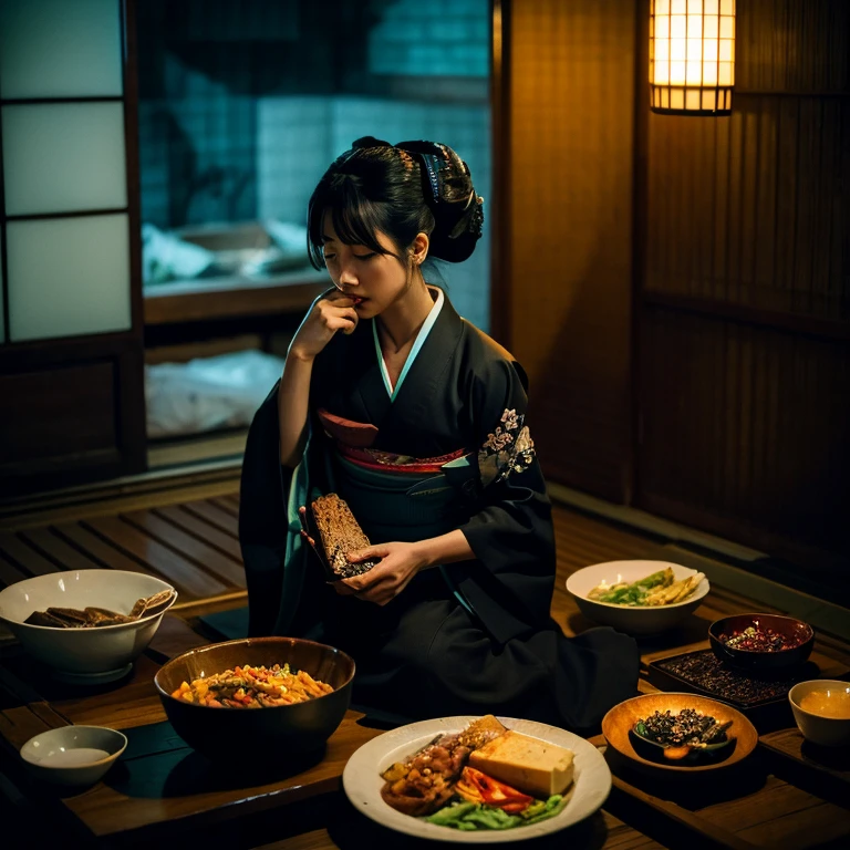 horror styled, kimono, pile of dish, in the dark, asian woman, tired
