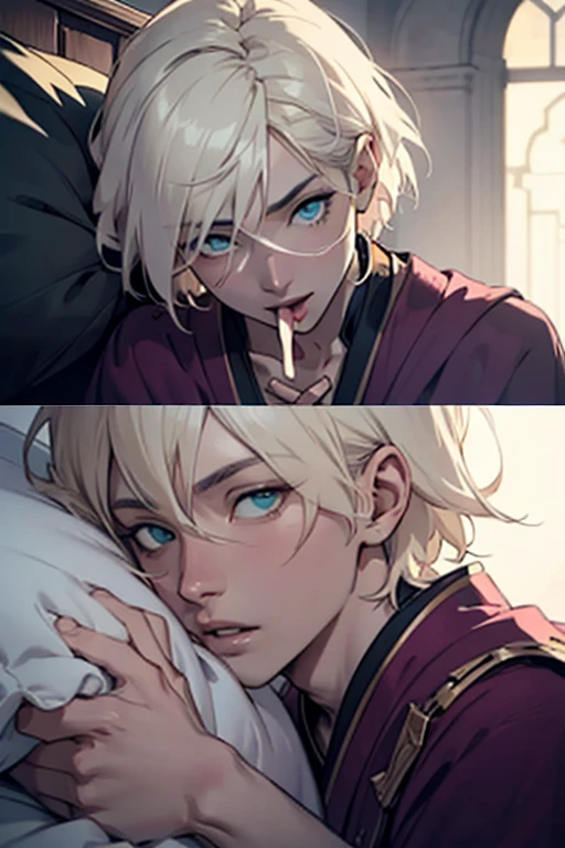 1male, anime, platinum blonde hair, straight hair, very short hair, cyan eyes, pale skin, magician, orange and purple robes, pretty, digital illustration, trending on artstation, highly detailed, vibrant colors, arabic buildings background, 4k, insane details, insane quality, historical, the arcana game, sexy, on bed, face close up, mouth closed, hot, erotic, clothes falling