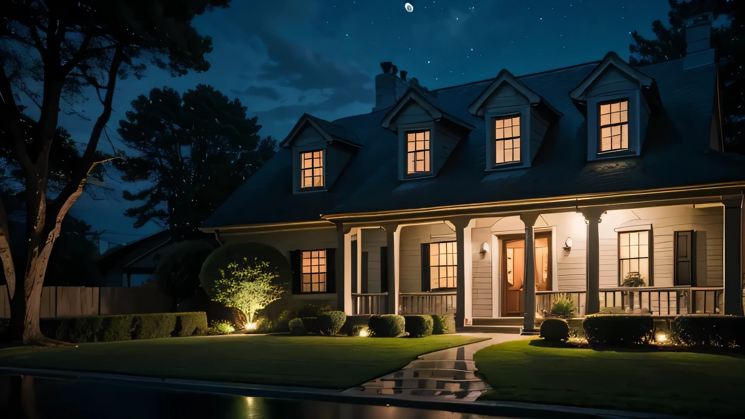 night, The moon is shining, big old house, green lawn in front of the house, the house has a big closed door, there is a staircase in front of her