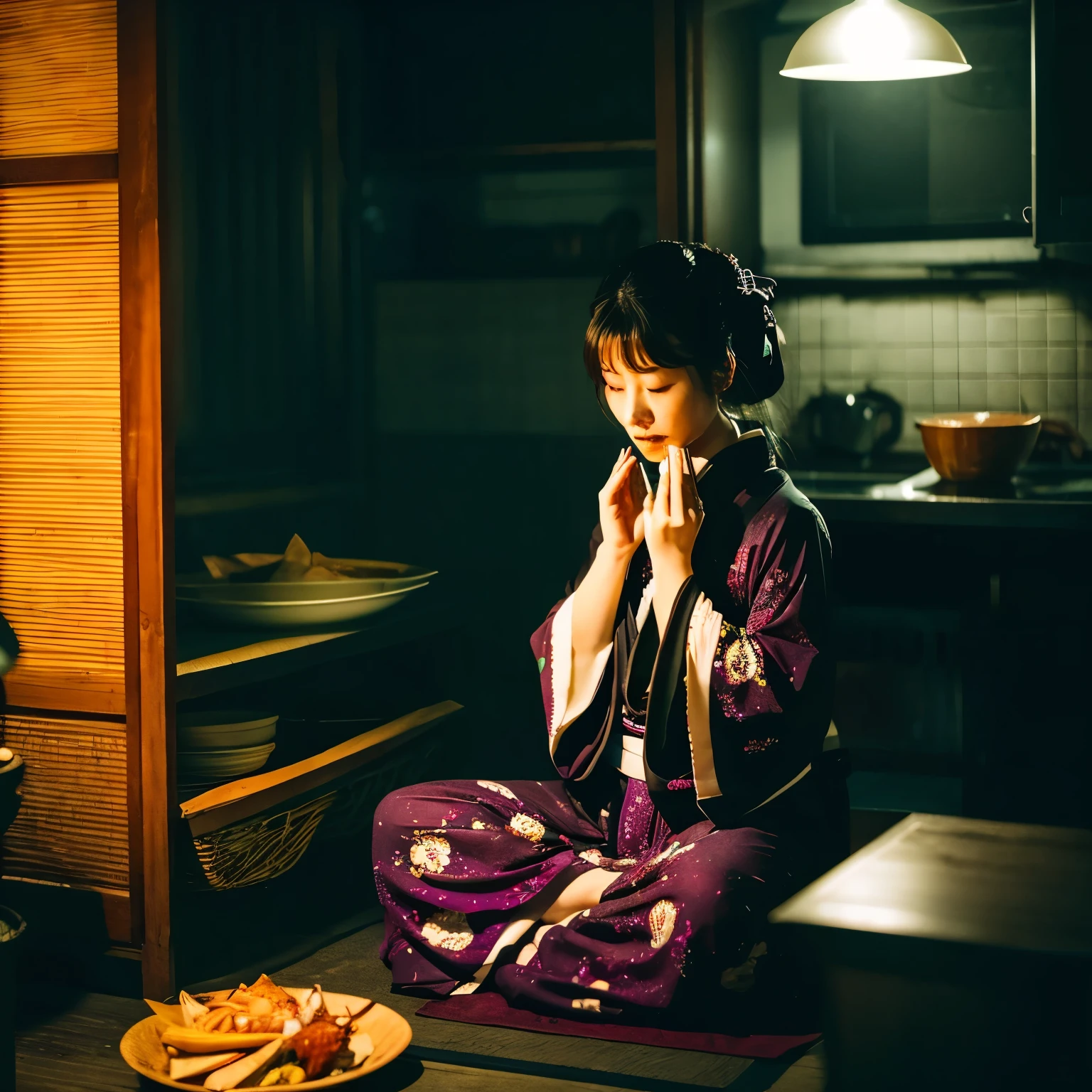 horror styled, kimono, pile of dish, in the dark, asian woman, tired 