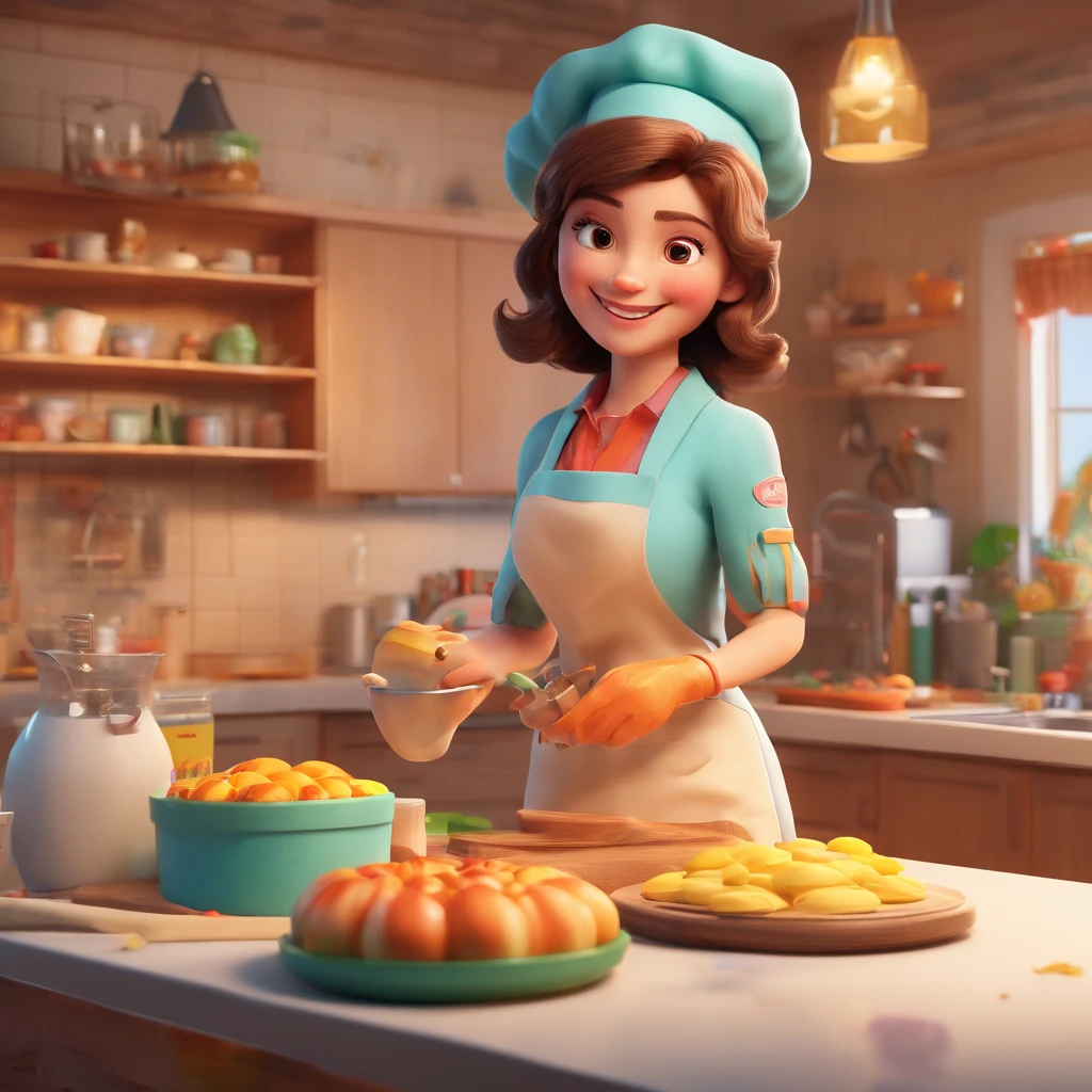 (high-quality,realistic,Pixar-style:1.1),3D animated scene,woman with straight brown hair,35 years old,cooking,dressed as a pastry chef,garden scene, bright and vibrant colors,warm lighting,delicious pastries on display,detailed kitchen utensils and ingredients,happy and lively atmosphere,floral print apron,tastefully decorated kitchen counter,playful and cartoonish 3D characters,smiling and friendly expressions,smooth and polished animation,perfectly rendered textures and shading,professional-grade artwork,attention to detail,creative and imaginative composition,joyful and inviting setting,whimsical and magical touch,visually appealing and engaging scene.