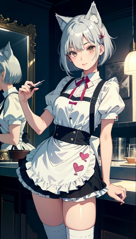 One girl、Full body illustration、Standing pose、((front、looking at the camera))、Shorts、Esbian all over、short hair、amount、Silver Hair ,,Wolf Ears、lipstick,Glossy lips,Gentle source of light,apron、Cafe,Shyness、Awkward pose,Nice ,high resolution,Mirror ball,Professional drawing,Cleanliness,White Background、
