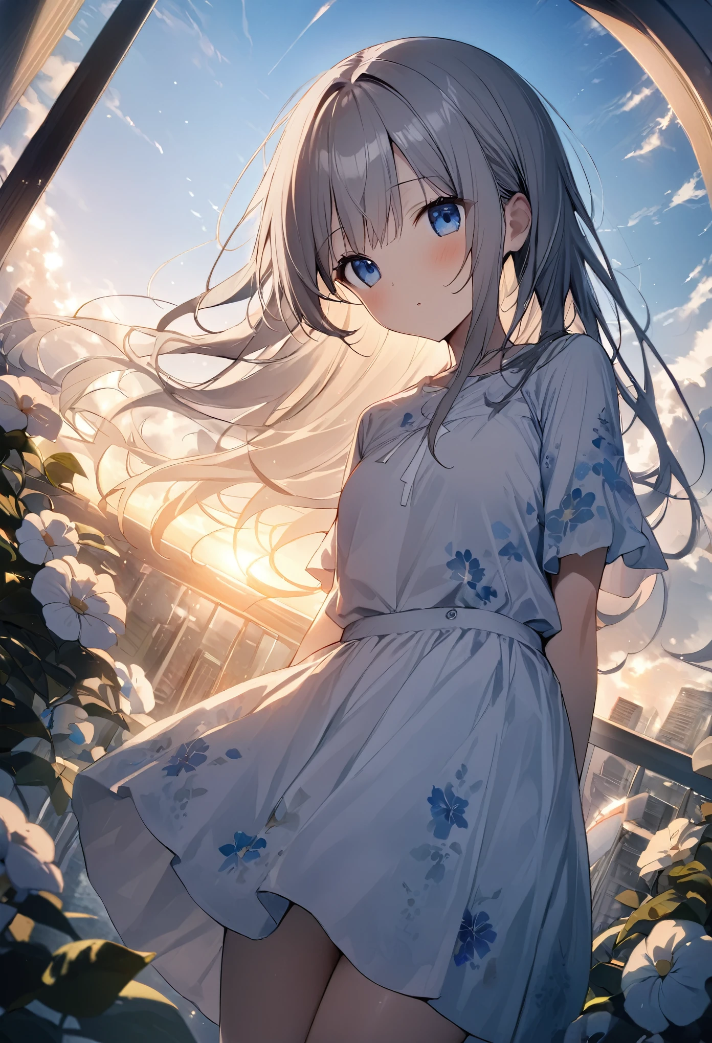 One Girl、Angelic、Angelic衣装、Angelic輪、god々々right、cute、Gray Hair、length、Angelic翼、Sky Sky、heaven、heavenの背景、Floral、masterpiece、highest quality、Best image quality、Bright Blue Eyes
