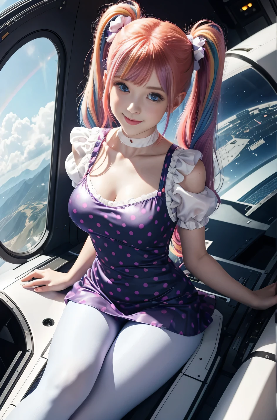 (overhead view) Cute redhead with rainbow colored hair tips, ribbons in her hair, 18-year-old woman, happy, smiling, in twin tails, perfect eyes, clear sparkling blue eyes, pale skin, silky smooth white skin, alabaster skin, flying a fancy metal luxurious space ship, futuristic cockpit, she's a pilot, outer space seen in windows, dark warm lighting, wearing a futuristic dress, low cut top, pleated (chemise) mini dress (pastel rainbow colors, and polka dots), puffy sleeves silk, wearing colorful leggings/tights.