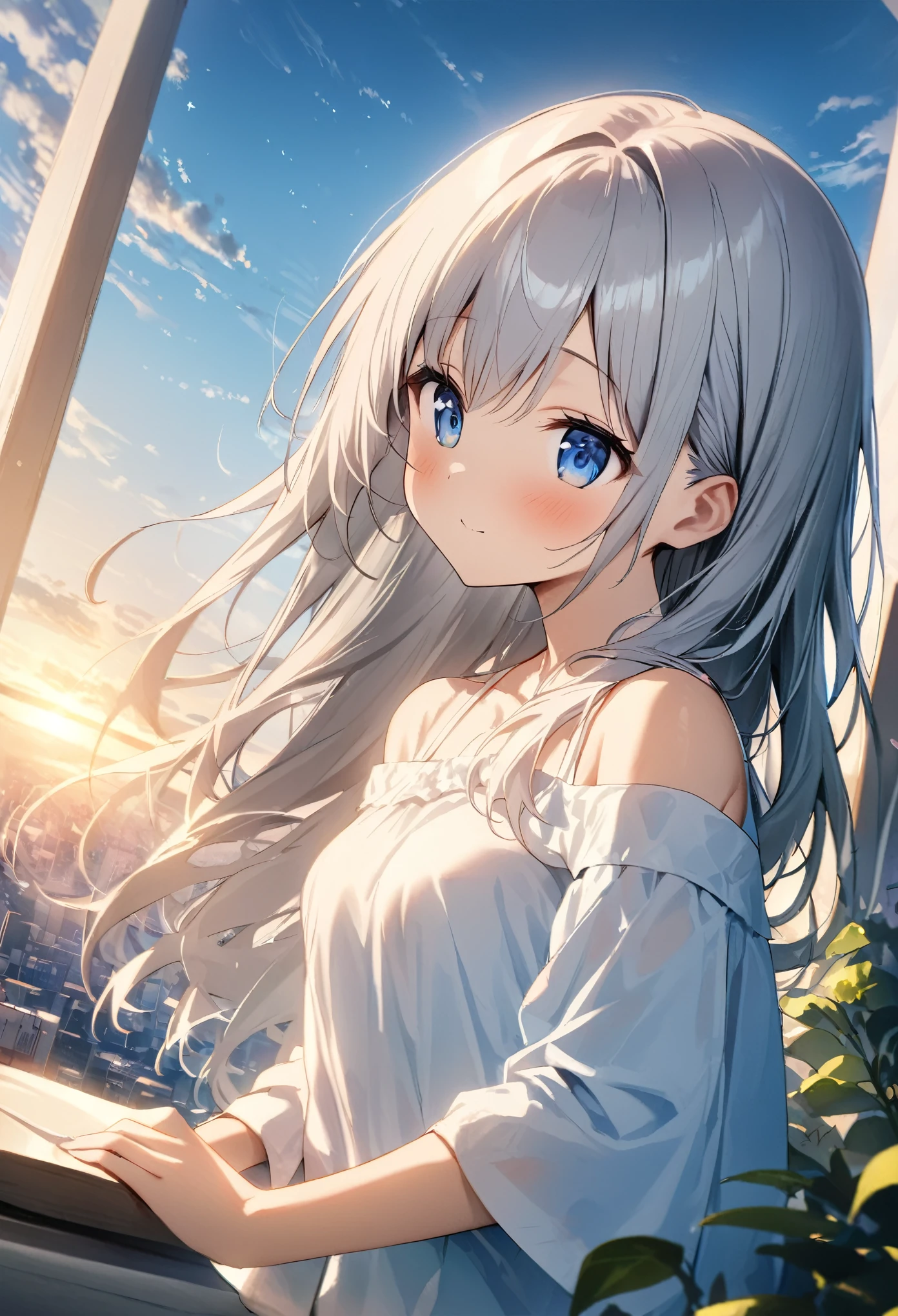One Girl、Angelic、Angelic衣装、Angelic輪、god々々right、cute、Gray Hair、length、Angelic翼、Sky Sky、heaven、heavenの背景、Floral、masterpiece、highest quality、Best image quality、Bright Blue Eyes