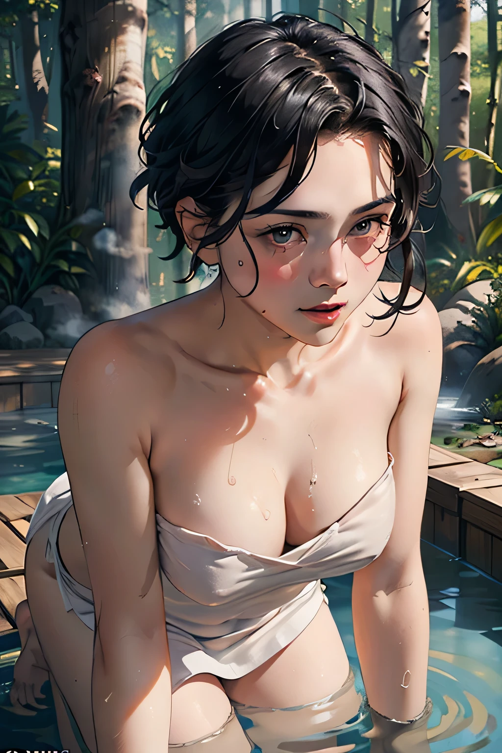 (masterpiece:1.3), (8k, Realistic, RAW Photos, highest quality: 1.4), Absurd, Charm, Ultra-high resolution, Ultra-realistic, Very detailed, Golden Ratio, (Realistic), (Best Shadow), Low contrast, (Complex:1.4), Side lighting, 8K, Beautiful Face, (Realistic Face), Beautiful hairstyle, Realistic eyes, Beautiful fine details, (Realistic Skin), Beautiful Skin, (One girl), ((Sasha Calle)), (Accurate hand and finger depiction), (Black Hair, Handsome Short:1.3), glamorous, (Smile), (Flushed), ((On all fours in the hot spring)), ((Completely naked, Wrapped in a bath towel:1.1)), ((I can't see my body in steam:1.1)), (cowboy shot), ((Deep in the forest:1.2)), ((steam:1.4))