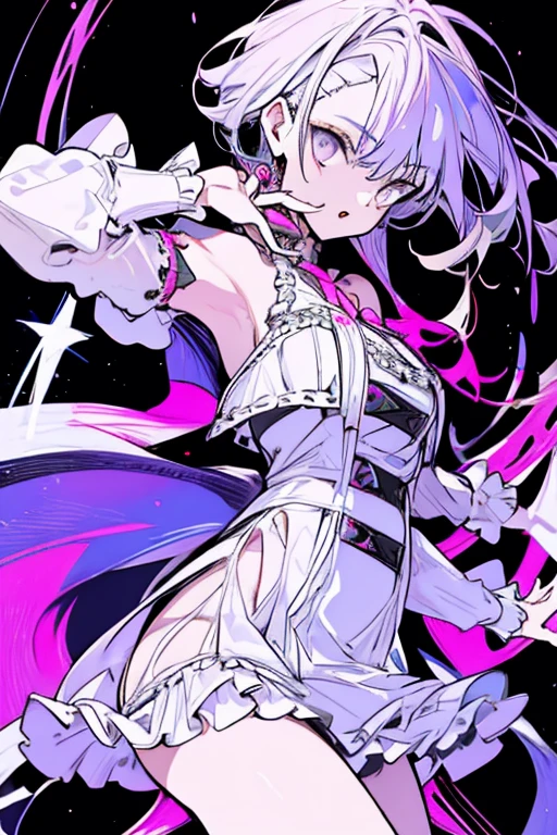 An adaptation of an ancient Roman dress. Street fashion, punk fashion, beautiful girl, Roman emperor, purple and white, vivid colors, lots of exposed skin, frilly miniskirt