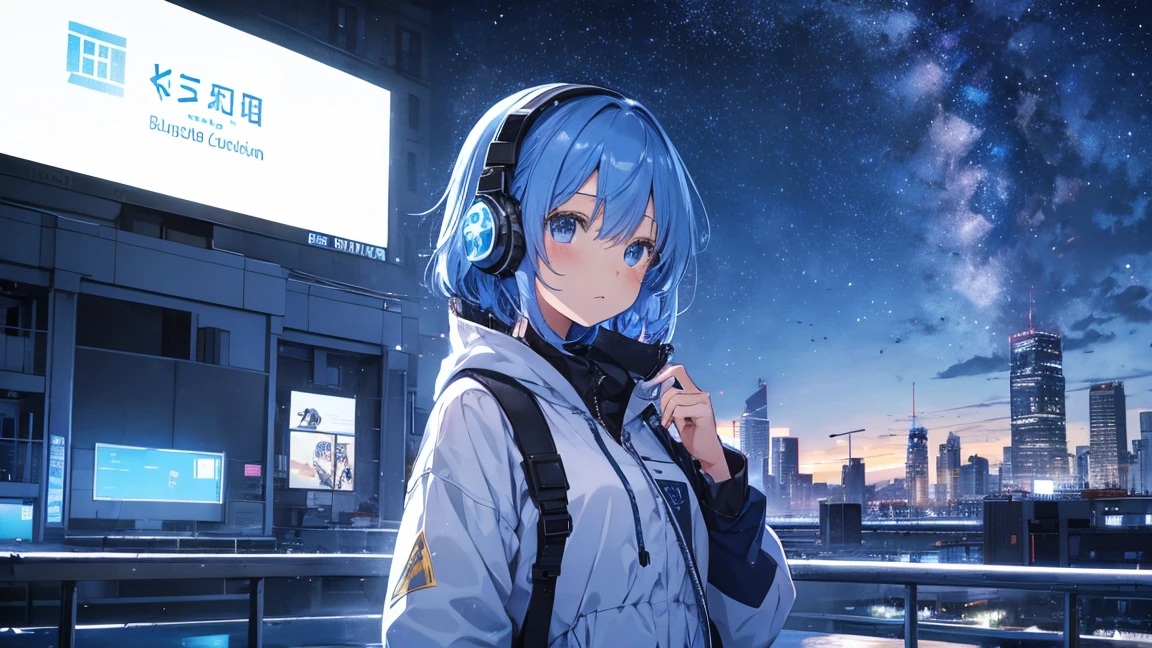 Building roof　Blue Hair、、The starry sky fills the screen.、girl。Woman wearing headphones 4k, sad,、Bowwater&#39;Art Style、Beautiful digital illustrations、Beautiful character drawings、Stunning Anime Face Portrait Mikudayo, Official artwork, LOFI Girl, Art Styleを鑑賞,, Halfbeak, Anime atmosphere, A mix of anime style and Fujifilm, Digital anime illustration, anime wallpaper 4k　ヘッドフォンをつけた少女 Blue Hairの女性　Put on headphones;　　　High resolution　high quality　Beautiful and realistic sky　The sky is the main character　　The scenery is the main thing　The scenery is the main thing　Emotional　lofi old camera film　deep　3D, high school girl, Sailor suit