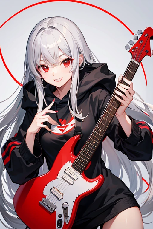 background through, long hair、straight hair、silver hair girl, red eyes、Super high quality, 8K、Upper body、Red background、Band vocals、black hoodie、Red Electric Guitar、big tits, Gray-haired girl、black hoodie,smile