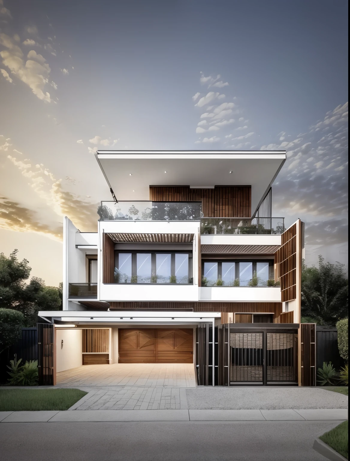 arafed maison moderne with a large balcony and a brick driveway, maison contemporaine, large modern residence, chef d'well designed work, vue de face, maison moderne, exterior wide angle 2023, architecture contemporaine, archaic, un plan lointain de face, maison conceptuelle, Neoclassical, Neoclassical, conception architecturale globale, maison urbaine, award-winning modern design