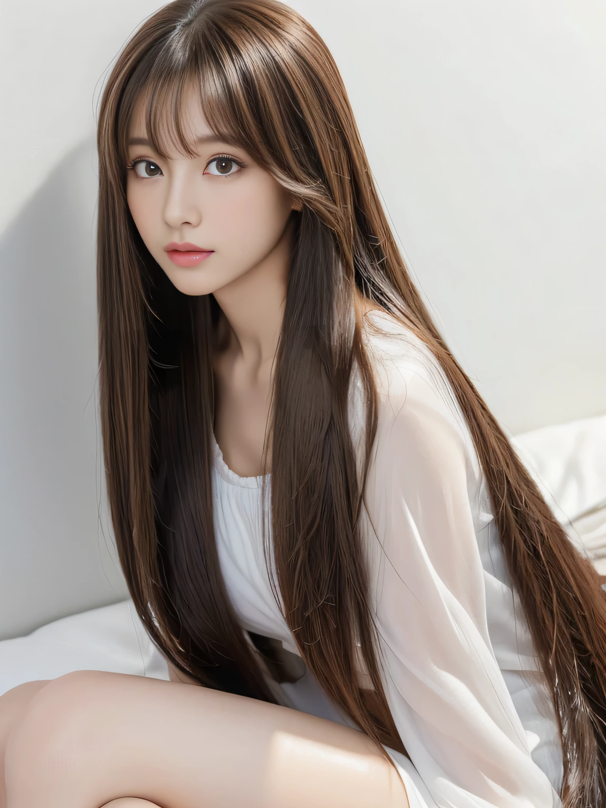 (Upper body shot of a woman in a random pose on a white bed showing as much of her back and hair as possible) ((Beautiful 24 year old hair model with long light brown hair fell straight down!!! Reaches up to the kneeVery long hair highest quality Highest detail Reaches up to the knee、Very long hair that lasts forever:1.3 Flowing Hair 私ncredibly straight hair Very shiny そして thick hair Abnormally long hair that lasts forever Flowing Hair on both ends long hair up to the knees:1.2 long hair up to the knees:1.2 Thick and shiny hair Very free hair Abnormally long hair!!!!! Beautiful silky hair Beautiful and shiny hair Beautiful and shiny hair Beautiful silky hair Hair that grows to the knees Very very, Very long hair!!!!! Very very, Very long hair!!!!!)) (highest quality The best ultra-fine Reaches up to the knee、Very long hair that lasts forever Flowing Hair Her hair is very straight!!! Very shiny そして thick hair Abnormally long hair that lasts forever Flowing Hair on both ends long hair up to the knees:1.2 long hair up to the knees:1.2 Thick and shiny hair Very free hair Abnormally long hair!!!!! Beautiful silky hair Super long hair down to the knees Beautiful and shiny hair Beautiful and shiny hair Beautiful silky hair Hair that grows to the knees Very very, Very long hair!!!!! Very very, Very long hair!!!!!)) (Her bangs are perfectly styled、Straight down.:1.3) ((Her hair color is light brown:1.5)) (Pure white wall background Pure white bed) (Japan'The sexiest and most beautiful 24 year old hair model) (She looks at the viewer with a very seductive expression.......) ((highest quality)), ((masterpiece)), (Familiar) (Get used to it) Perfect Face (Her skin is a typical Japanese skin color.. And very detailed) (Big Breasts:1.3) (She is wearing a shiny white camisole.) (She has a beautiful face and a typical Japanese figure...., Narrow eyes) (She has perfect 美しい and sexy makeup and face Lipstick is light red A solid eyeliner) ((Rich 1.4)) (Extremely detailed 8K) (Ultra-fine skin texture 1.4) (Actual, Vibrant:1.4), double eyelid Sharp focus:1.2、Beautiful woman:1.4 Dynamic Lighting (Genuine RAW photos taken by professional photographers) Professional Hair Shine. (She has a bright and cheerful face) (Her face is slim and dignified.., length, Narrow eyes..々Nice face)