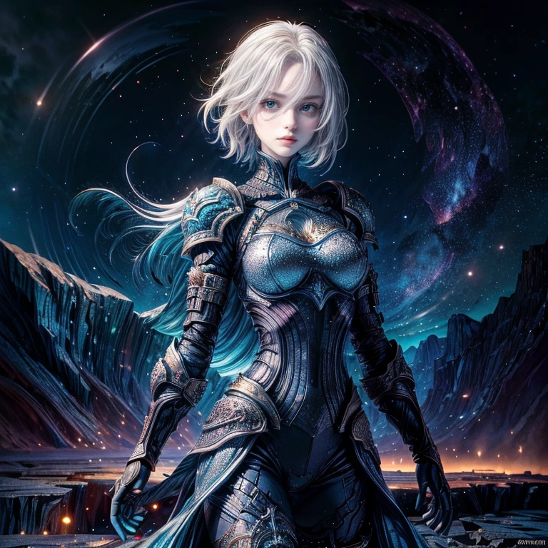 One Girl, Alone, 19 Years Old Baldur's Gate 3. Official Art, Unity 8K Wallpaper, Super Detailed, Beautiful and Aesthetic, Masterpiece, Top Quality, Adventure, Fantasy, Epic, Bold Composition, Glitter, Starry Sky, silver hair in a short cut, beautiful blue eyes, high definition,