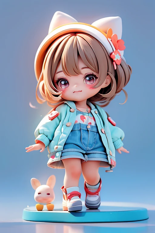 We have created a series of cute smiling baby chibi dolls with a drawing theme in 8K resolution. All dolls must follow the same solid background pattern and be complete in the image. (Full body including legs: 1.5) She has short hair with brown and black tones. Her eyes should be big and bright, her eyelashes should be long, her cheeks should be rosy. She is wearing a denim jumpsuit. She has a crayon in her hand. To make it even more adorable and active, be sure to add details, colorful details, simple decorations, and don't forget the sporty shoes, hair, shadows, textures, and details of each doll's clothes.