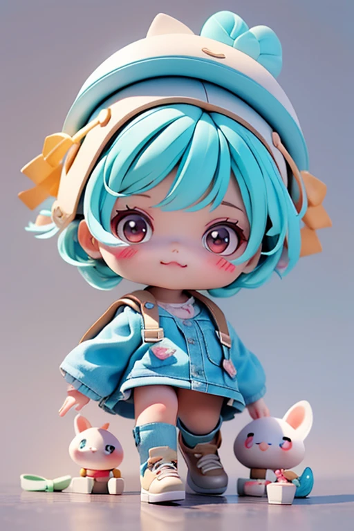 We have created a series of cute smiling baby chibi dolls with a drawing theme in 8K resolution. All dolls must follow the same solid background pattern and be complete in the image. (Full body including legs: 1.5) She has short hair with brown and black tones. Her eyes should be big and bright, her eyelashes should be long, her cheeks should be rosy. She is wearing a denim jumpsuit. She has a crayon in her hand. To make it even more adorable and active, be sure to add details, colorful details, simple decorations, and don't forget the sporty shoes, hair, shadows, textures, and details of each doll's clothes.