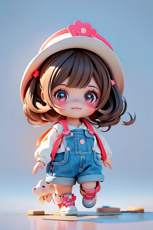 We have created a series of cute smiling baby chibi dolls with a drawing theme in 8K resolution. All dolls must follow the same solid background pattern and be complete in the image. (Full body including legs: 1.5) She has short hair with brown and black tones. Her eyes should be big and bright, her eyelashes should be long, her cheeks should be rosy. She is wearing a denim jumpsuit. She has a crayon in her hand. To make it even more adorable and active, be sure to add details, colorful details, simple decorations, and don't forget the sporty shoes, hair, shadows, textures, and details of each doll's clothes.
