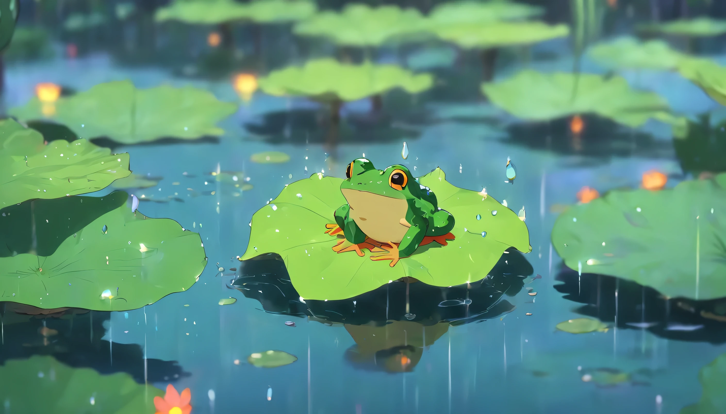A little rain,Pool,Frog on a lotus leaf