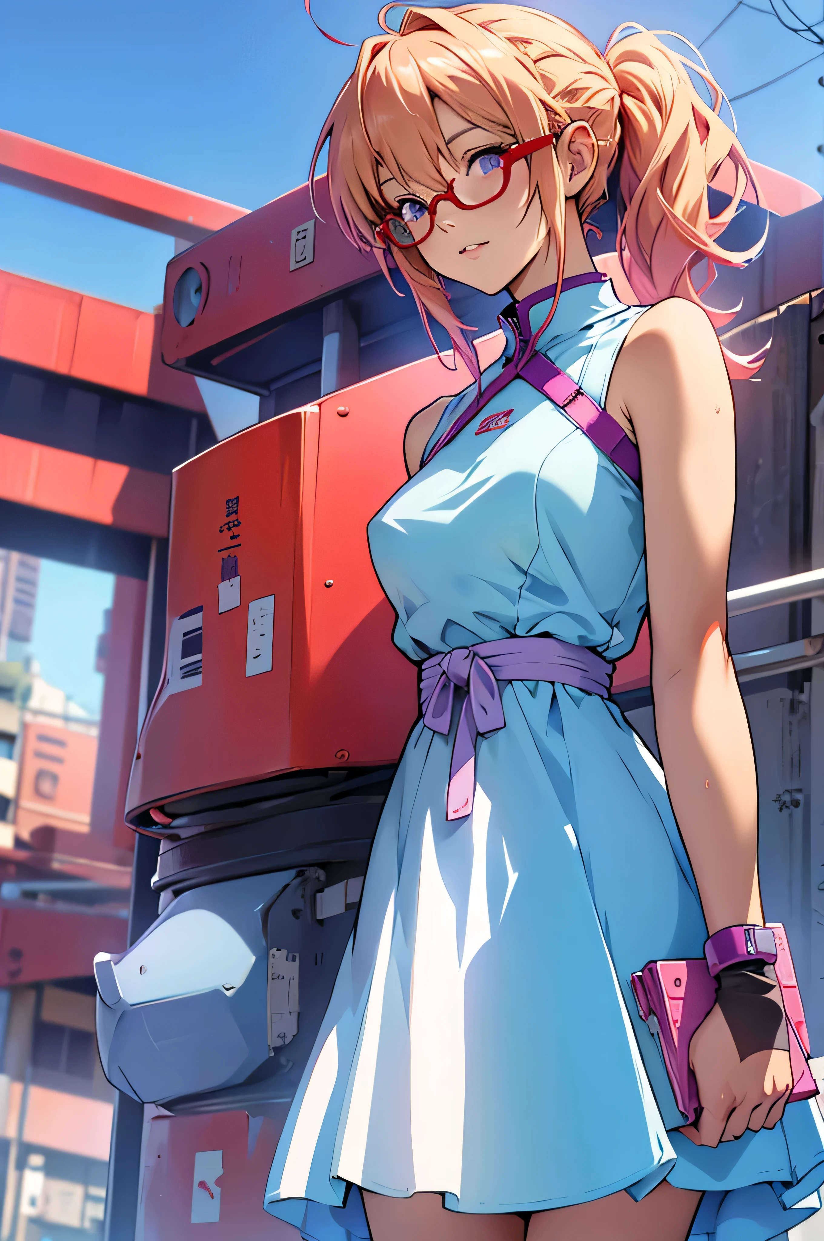 anime,An illustration,purple robot,Mobile Suit,Dom,Light blue check dress,Red glasses,Blonde,Light blue mesh hair,beautiful girl,Sora Sakurano,one person