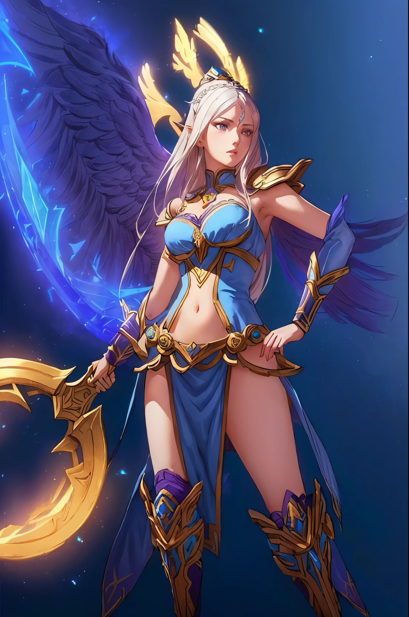 Emilia re:zero, purple eyes, Emilia, crown braid, x hair ornament, flower hair ornament, white hair, long hair, medium breasts, a woman with wings and a sword in her hand, as a mystical valkyrie, hero from dota 2, mystical atlantean valkyrie, dota character, jaina proudmoore, mystical valkyrie, valkyrie style character, painted in the style arcane, blue-skinned elf, dota 2 hero, maya ali as a lightning mage, female lord of change, league of legends character