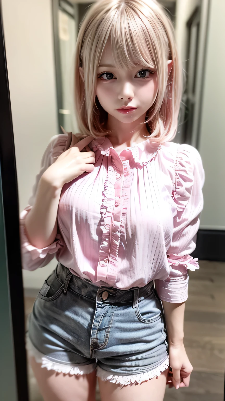 (Realistic、Like a photograph、Live Action、8k, Realistic, RAW Photos, Best image quality: 1.4), Single-lens reflex camera、RAW Photos, highest quality, Realistic, Highly detailed CG Unity 8k wallpaper, Written boundary depth, Cinematic Light, Lens flare, Ray Tracing, Realistic background、A landmine girl waiting for someone、((Wearing a pink blouse:1.4)、((She is wearing grey frilly shorts:1.1)、Big Breasts))、((ultra high density skin))、 1 female,cute Japanese、Standing in front of the station, waiting for someone while looking at his smartphone、The whole body is visible:1.5、Wear sneakers:1.1、Long Hair:1.2、Pink inner color hair、stylish ambiance、Very detailed and perfect costume、(White skin)、Precise and beautiful legs:1.1、View from the front、Field