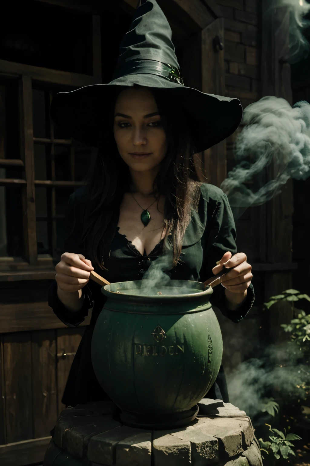 A witch behind a cauldron with green smoke