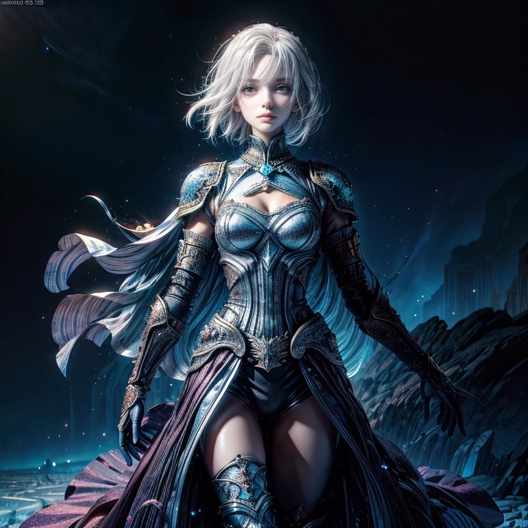 One Girl, Alone, 19 Years Old Baldur's Gate 3. Official Art, National Costume, Unity 8k Wallpaper, Super Detailed, Beautiful and Aesthetic, Masterpiece, Top Quality, Adventure, Fantasy, Epic, Bold Composition, Glitter, Lame , starry sky, short silver hair, beautiful blue eyes, high definition,