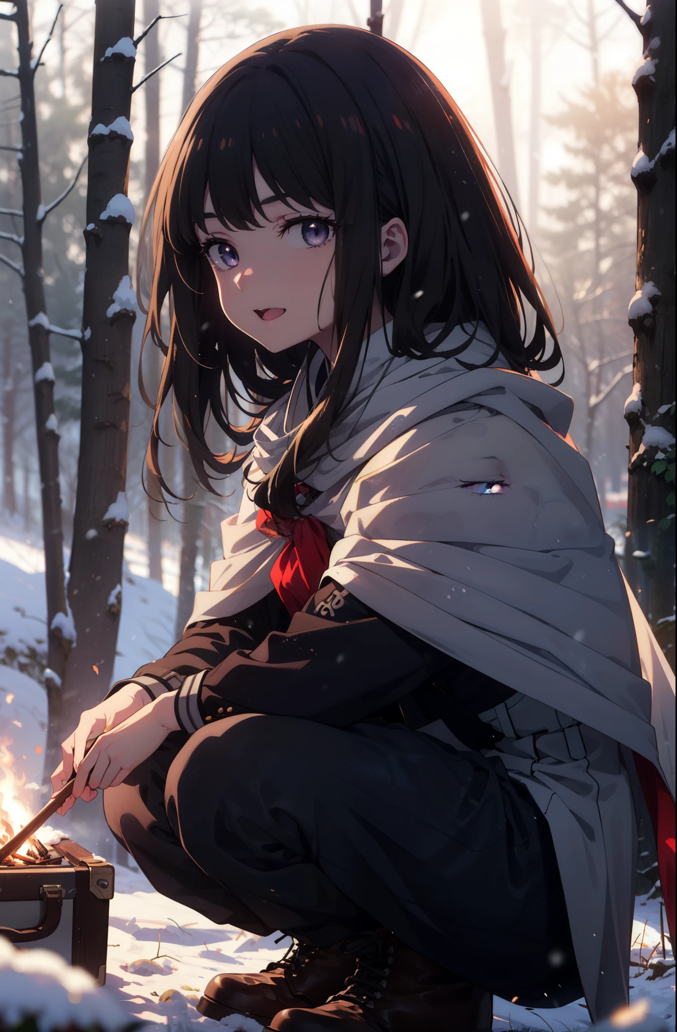 Takiuchi, Inoue Check, Long Hair, bangs, Black Hair, (Purple eyes:1.2),smile,
Open your mouth,snow,Bonfire, Outdoor, boots, snowing, From the side, wood, suitcase, Cape, Blurred, forest, nature, Squat, Cape, winter, Written boundary depth, Black shoes, blue Cape break looking at viewer, Upper Body, whole body, break Outdoor, forest, nature, break (masterpiece:1.2), highest quality, High resolution, unity 8k wallpaper, (shape:0.8), (Beautiful and beautiful eyes:1.6), Highly detailed face, Perfect lighting, Highly detailed CG, (Perfect hands, Perfect Anatomy),