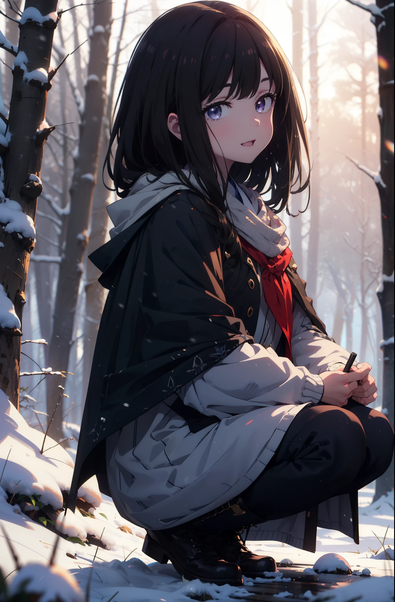 Takiuchi, Inoue Check, Long Hair, bangs, Black Hair, (Purple eyes:1.2),smile,
Open your mouth,snow,Bonfire, Outdoor, boots, snowing, From the side, wood, suitcase, Cape, Blurred, forest, nature, Squat, Cape, winter, Written boundary depth, Black shoes, blue Cape break looking at viewer, Upper Body, whole body, break Outdoor, forest, nature, break (masterpiece:1.2), highest quality, High resolution, unity 8k wallpaper, (shape:0.8), (Beautiful and beautiful eyes:1.6), Highly detailed face, Perfect lighting, Highly detailed CG, (Perfect hands, Perfect Anatomy),