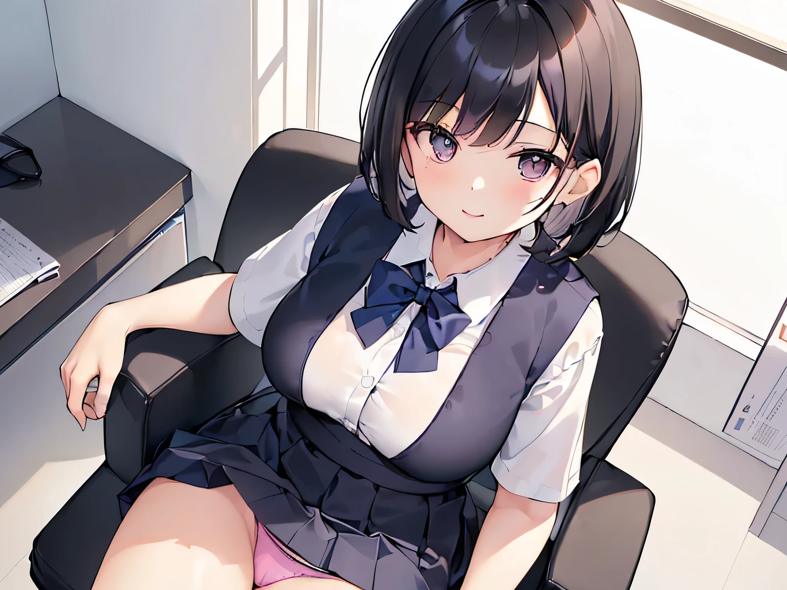 (Masterpiece, highest quality, high resolution, realistic photos, realistic looking skin:1.1),
(The woman is sitting in a simple chair in a company office:1.8),
(She is looking at the viewer from slightly above the front, so you can see her panties: 1.8),
(She has a smiling expression: 1.5),
(She is wearing a white collared shirt with a navy blue buttoned vest and the same navy blue mini-skirt:1.5),
(She is wearing pumps: 1.5),
(Panties are white glossy material:1.5),
(She has short black hair: 1.5),
(Location: company office:1.5),
1 Japanese girl, solo, full bodied esbian, beautiful eyes, glowing eyes, glowing thighs, NSFW