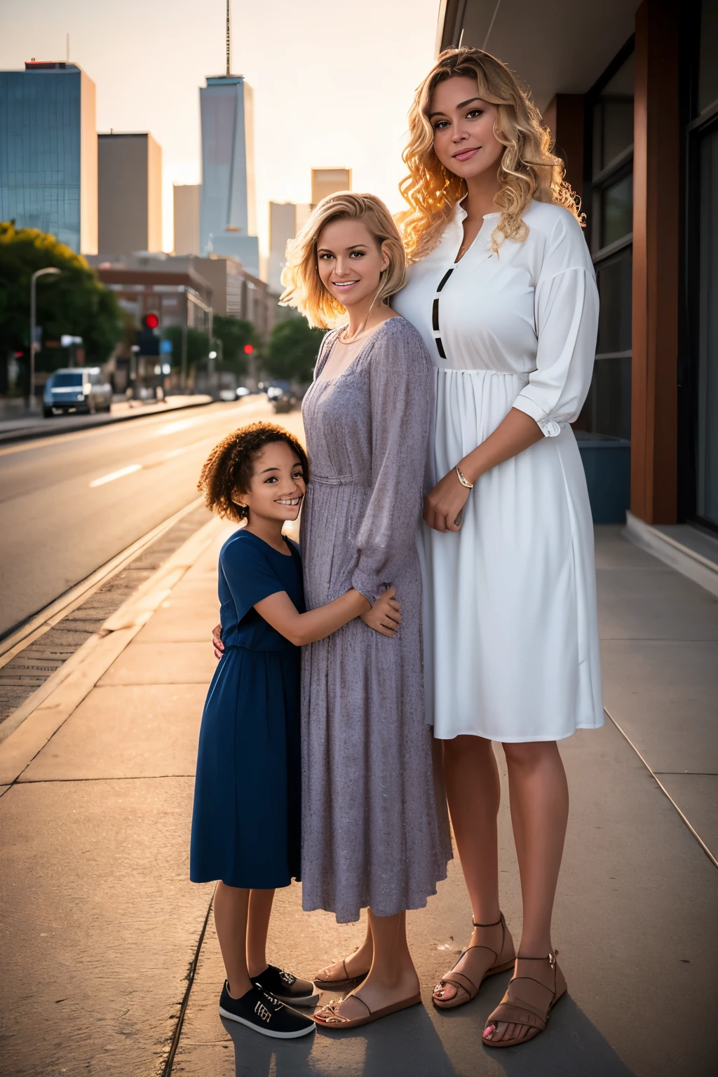 Photorealistic image of a 9-foot-tall giant teenage daughter standing next to her 5-foot-tall short and  mother. The giant daughter, with short, spiky blonde hair, towers over her mother, who sports long, wavy brunette hair. Both are shown in casual attire, the daughter in oversized clothes that accentuate her colossal stature, and the mother in a modest dress that highlights her small stature. The background is a blurry cityscape, captured during a sunset, providing a warm, dramatic ambiance. The image, captured on a Canon EOS R5 with a 50mm lens, F/2