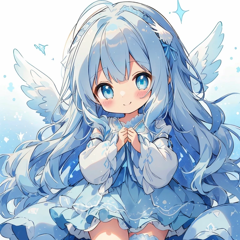 Cute, chibi. A 6 year old angel of a beautiful moe anime girl. Sparkling round blue-green eyes, smiling expression, moe anime style soft and gentle aura. Full body. Adorned with delicate, detailed ribbons and lace, she wears fluffy, elaborate, cute pajamas filled with blue-toned ribbons, lace, and frills. Her hair is a wavy silver and light blue mesh. (She has angel wings that glow translucent light blue). The background is a cute bed full of stuffed animals. She is surrounded by glittering, dusty, softly glowing lights, adding to the magical, otherworldly, magical fantasy atmosphere. ((Top quality line drawings with beautiful detail))