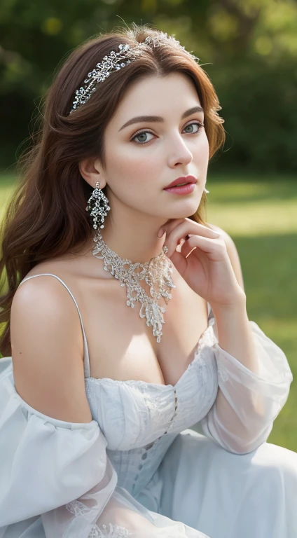 (Masterpiece:1.2, Best quality), Realistic, (Real picture, Intricate details, Depth of field),  parted lip, highly  detailed, victorian dress style, Perfect face, Perfect body, Large models, Mature woman, Tall, Long legs, Natural background bokeh, necklace, beautiful earring, offshoulder, georgian era hairstyle, eyes on camera, high angel shot, ((up to knee)), wet skin,